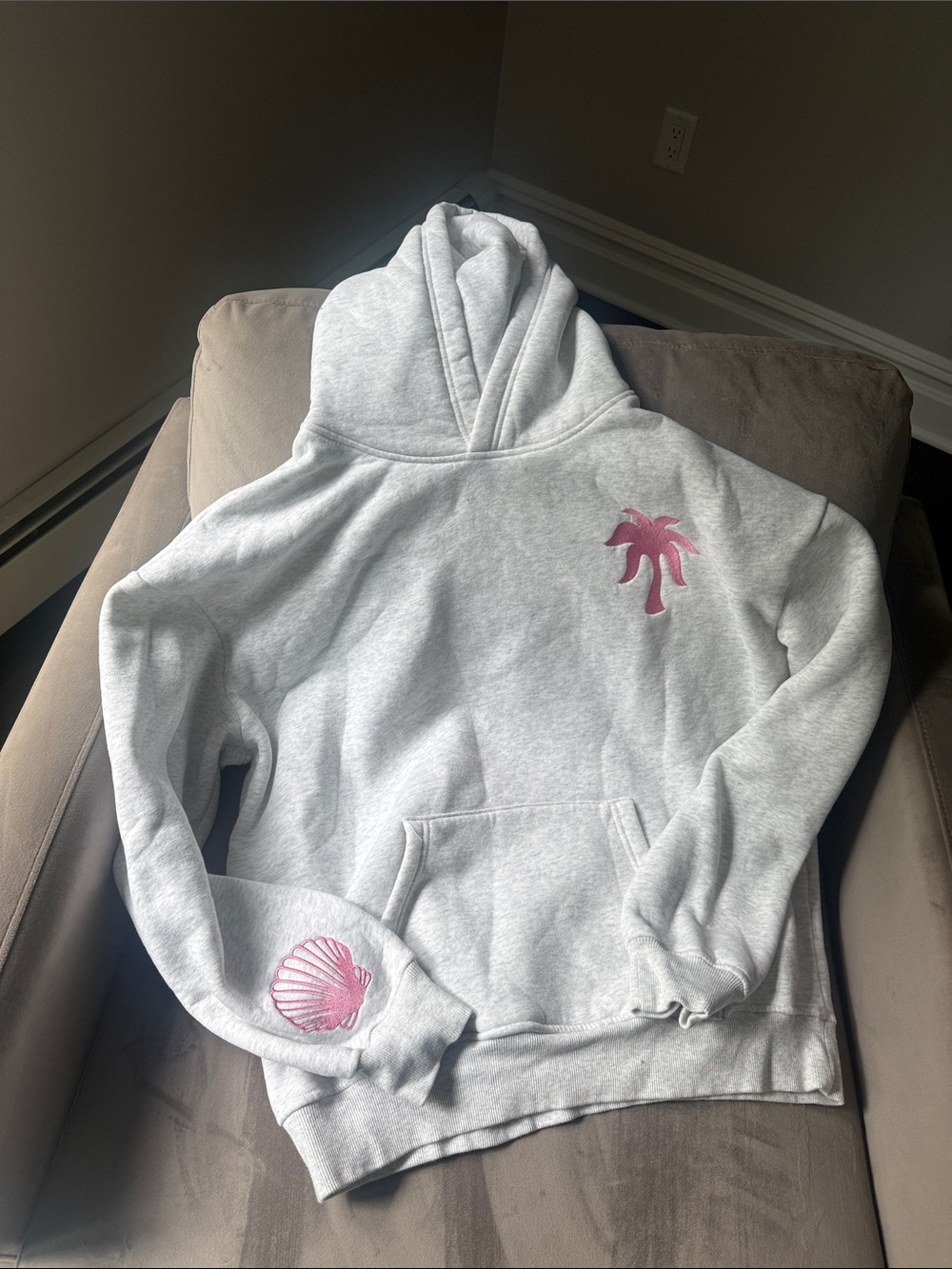 Pink Palm Puff. Light Gray Hoodie Sweatshirt with Pink Palm & Shell Motifs
